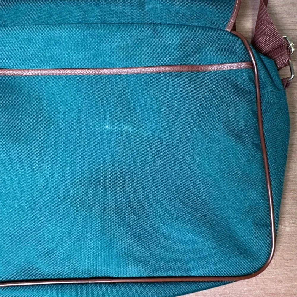 Polo Ralph Lauren Messenger Bag Teal Green Canvas Brown Trim Vintage Crossbody